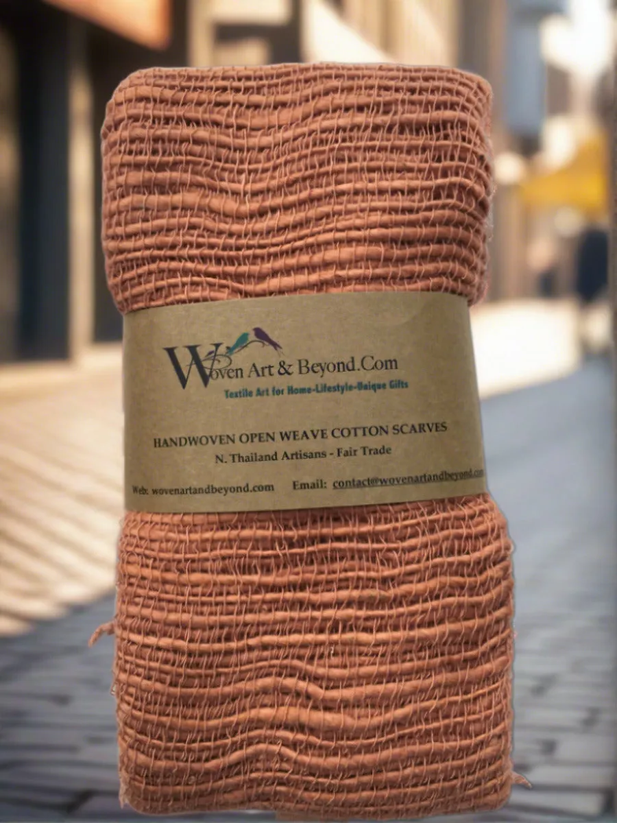 Handwoven Open Weave Cotton Scarf - Peach Bloom