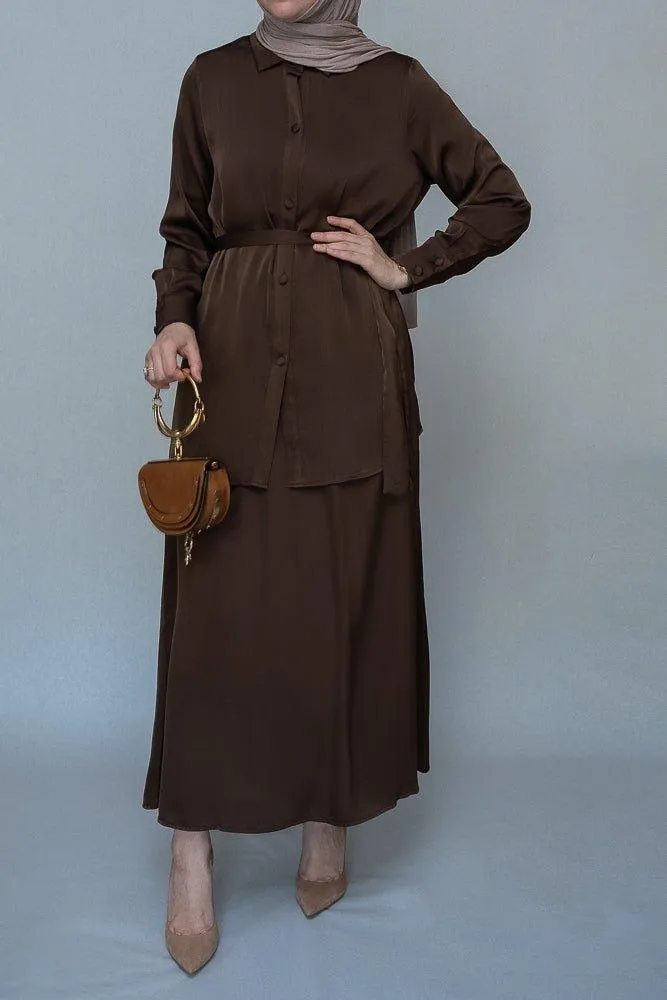 Hattei Blouse Skirt Modest set maxi skirt with elasticated waistband maxi sleeve buttoned shirt with a detachable belt in coffee brown