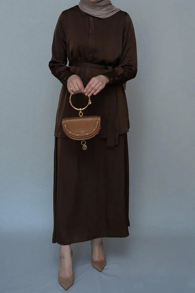 Hattei Blouse Skirt Modest set maxi skirt with elasticated waistband maxi sleeve buttoned shirt with a detachable belt in coffee brown