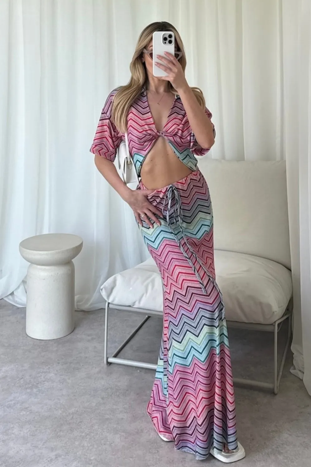 Hattie pink zigzag maxi skirt crop top co-ord