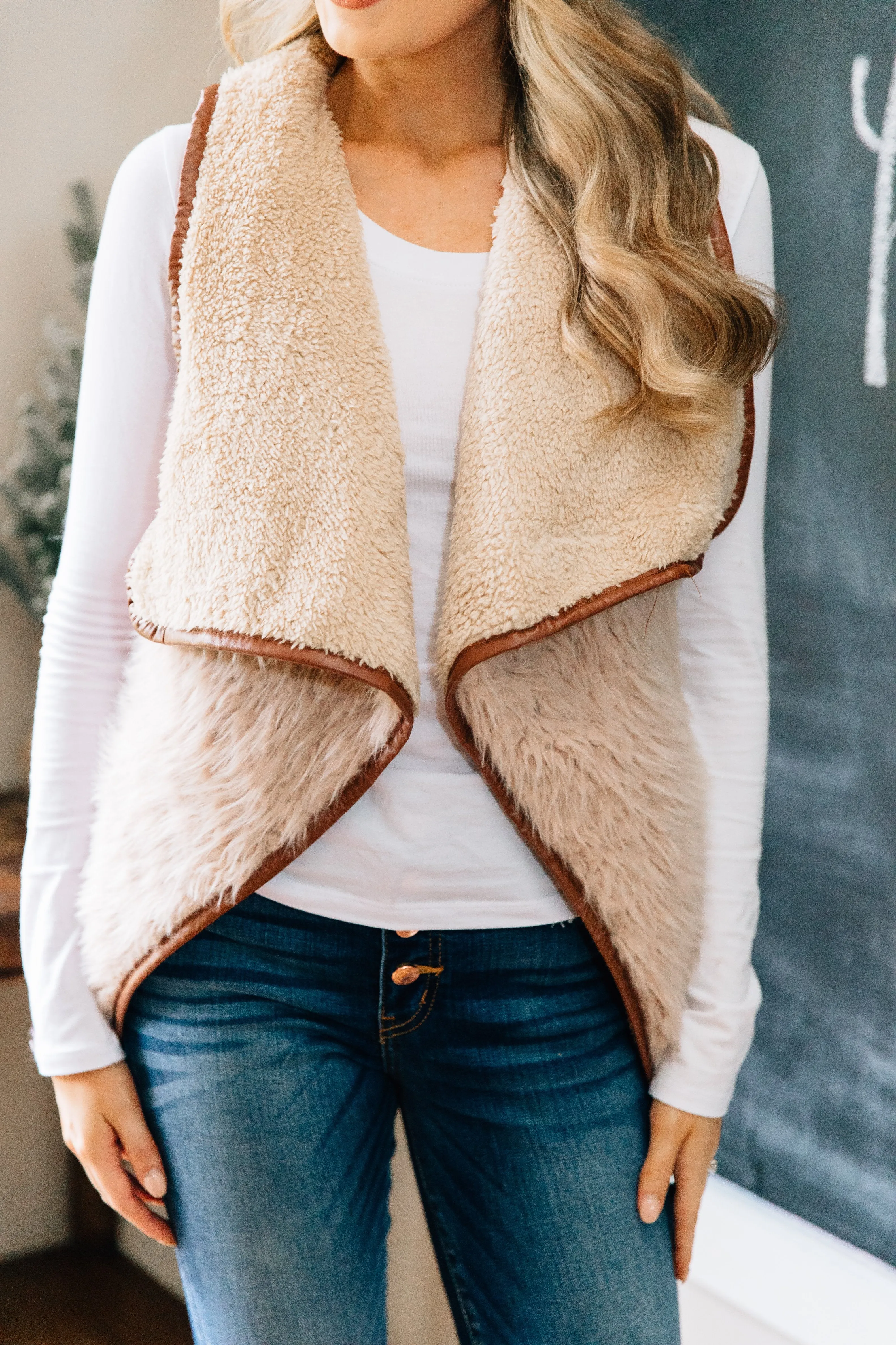 Here's Your Chance Khaki Brown Faux Fur Vest