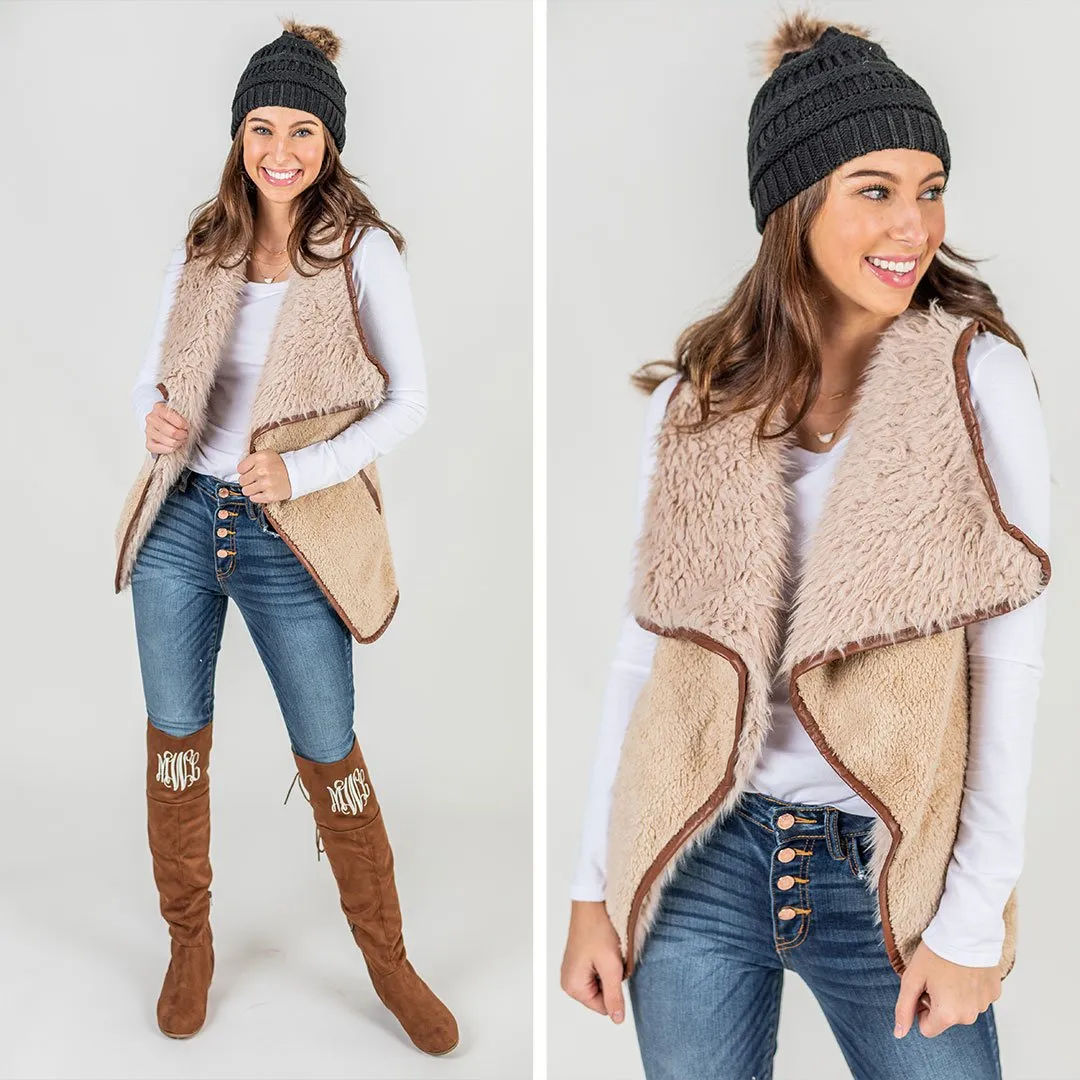 Here's Your Chance Khaki Brown Faux Fur Vest