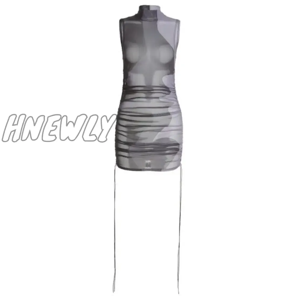 Hnewly Midnight Partywear Women Sexy See Through Contrast Patchwork Mini Dress Chic Bodycon Sleeveless Undefined Streetwear