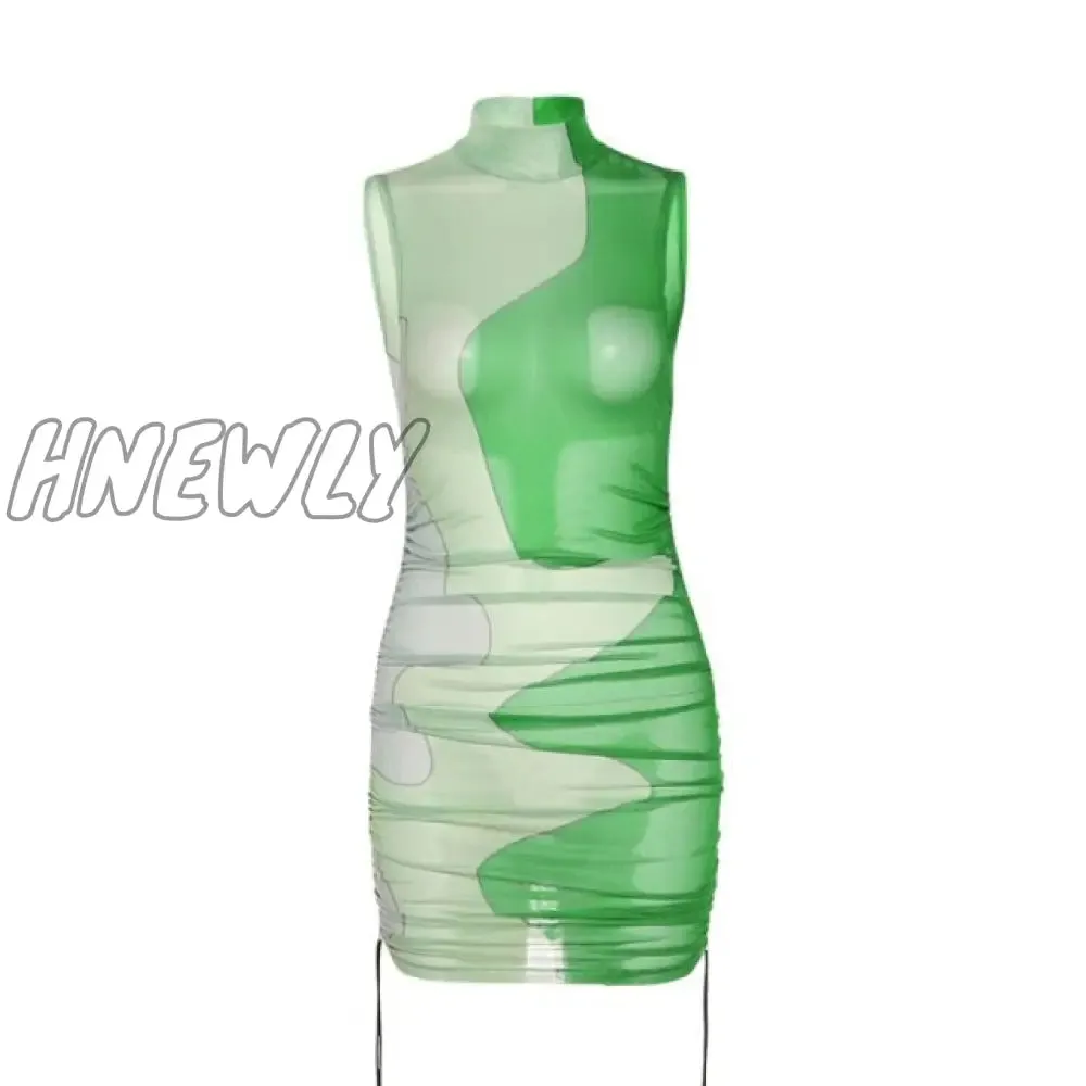 Hnewly Midnight Partywear Women Sexy See Through Contrast Patchwork Mini Dress Chic Bodycon Sleeveless Undefined Streetwear