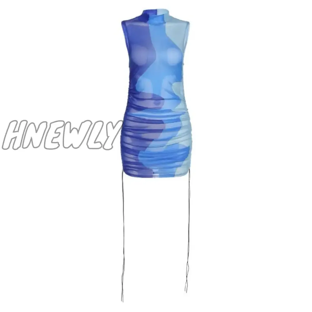 Hnewly Midnight Partywear Women Sexy See Through Contrast Patchwork Mini Dress Chic Bodycon Sleeveless Undefined Streetwear