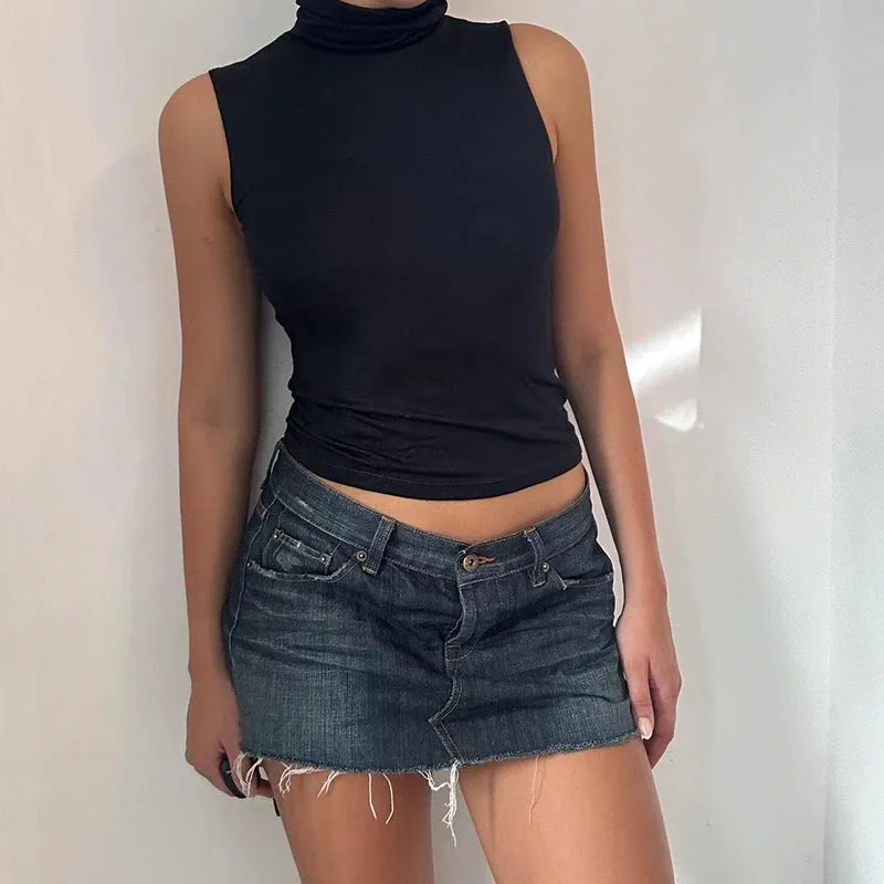 Hnewly Solid Turtleneck Crop Top Women Sleeveless Skinny Basic Tank Tops y2k Streetwear Ladies Tees Summer Harajuku Vest Casual