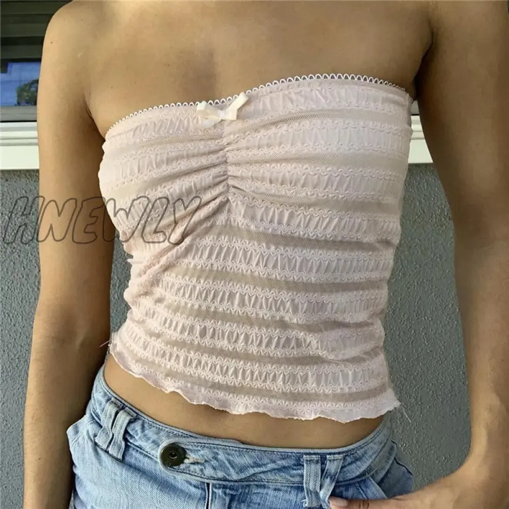 Hnewly Women Fairy Grunge Crop Top y2k 2000s Aesthetic Lace Trim Off Shoulder Sleeveless Pleated Tanks Kawaii Vest Streetwear