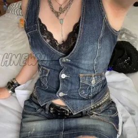 Hnewly Y2K Denim Vest fairy grunge Sleeveless denim jacket Corset Top Buttons V Neck Vintage Streetwear Women Aesthetic Tanks Top