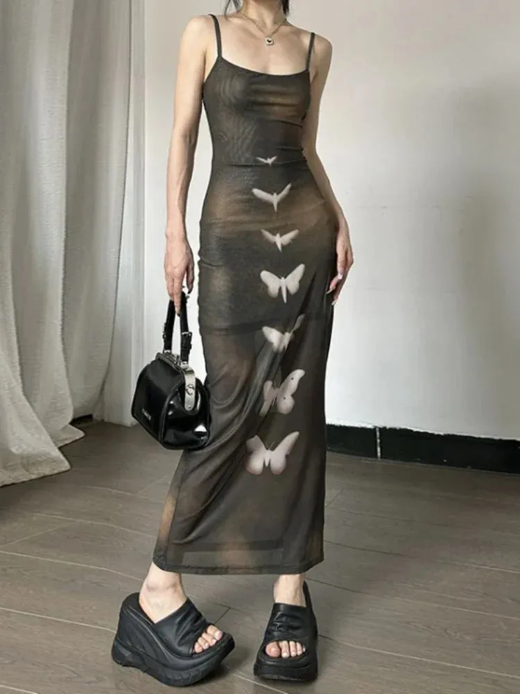 Japanese Gauze Elegant Butterfly Print Dresses Sexy Split Y2k Aesthetic Sweet Women's Dress Tie Dye Long Slim Grunge Fairy