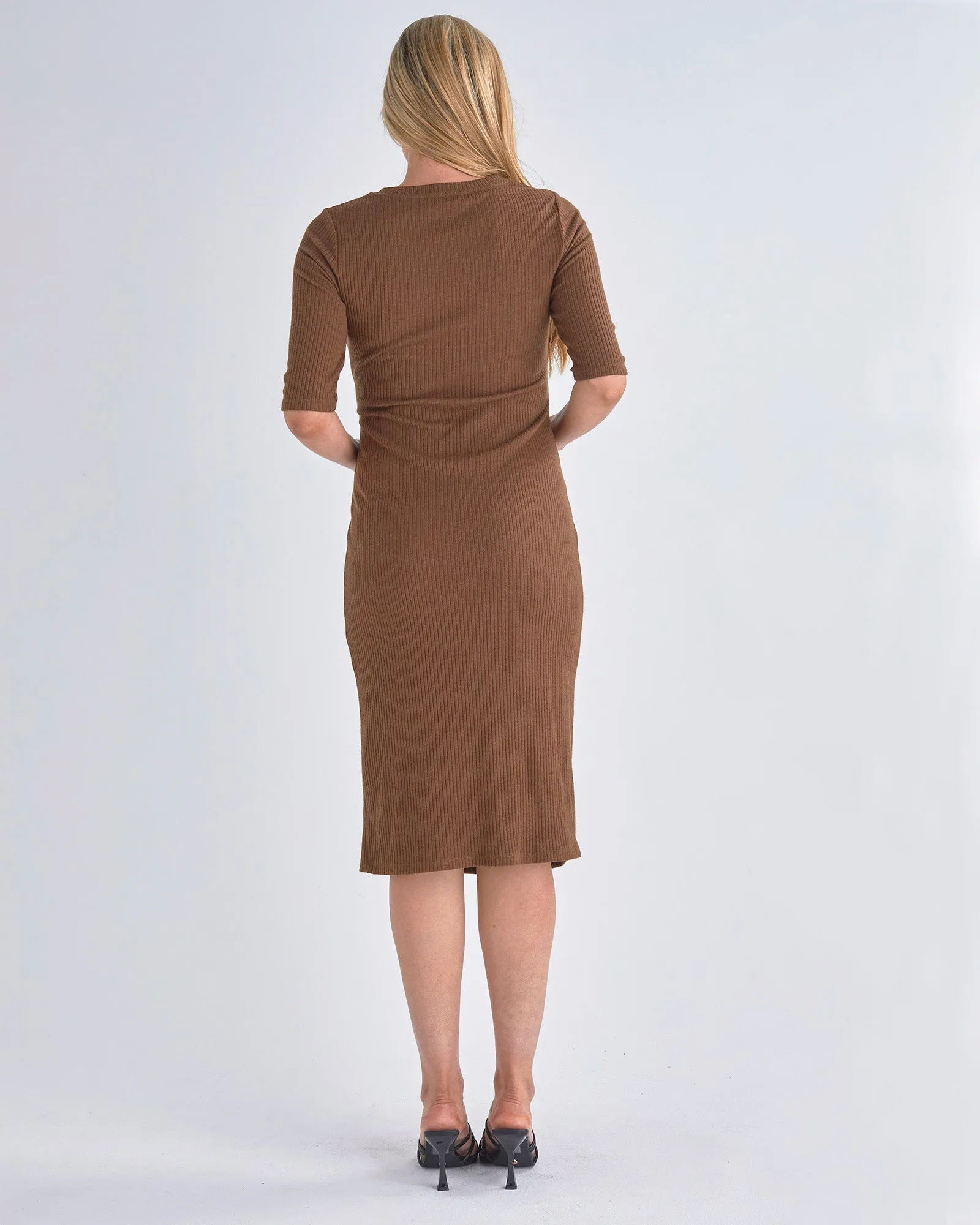 Juliet Maternity Bodycon Dress with Side Button Detail in Brown