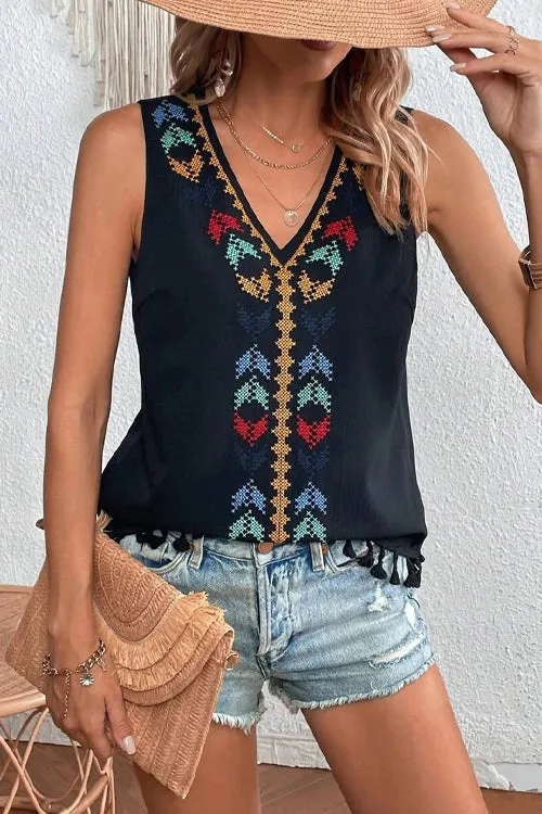 Just Be You Boho Embroidered Tassel Sleeveless Top - 4 Colors