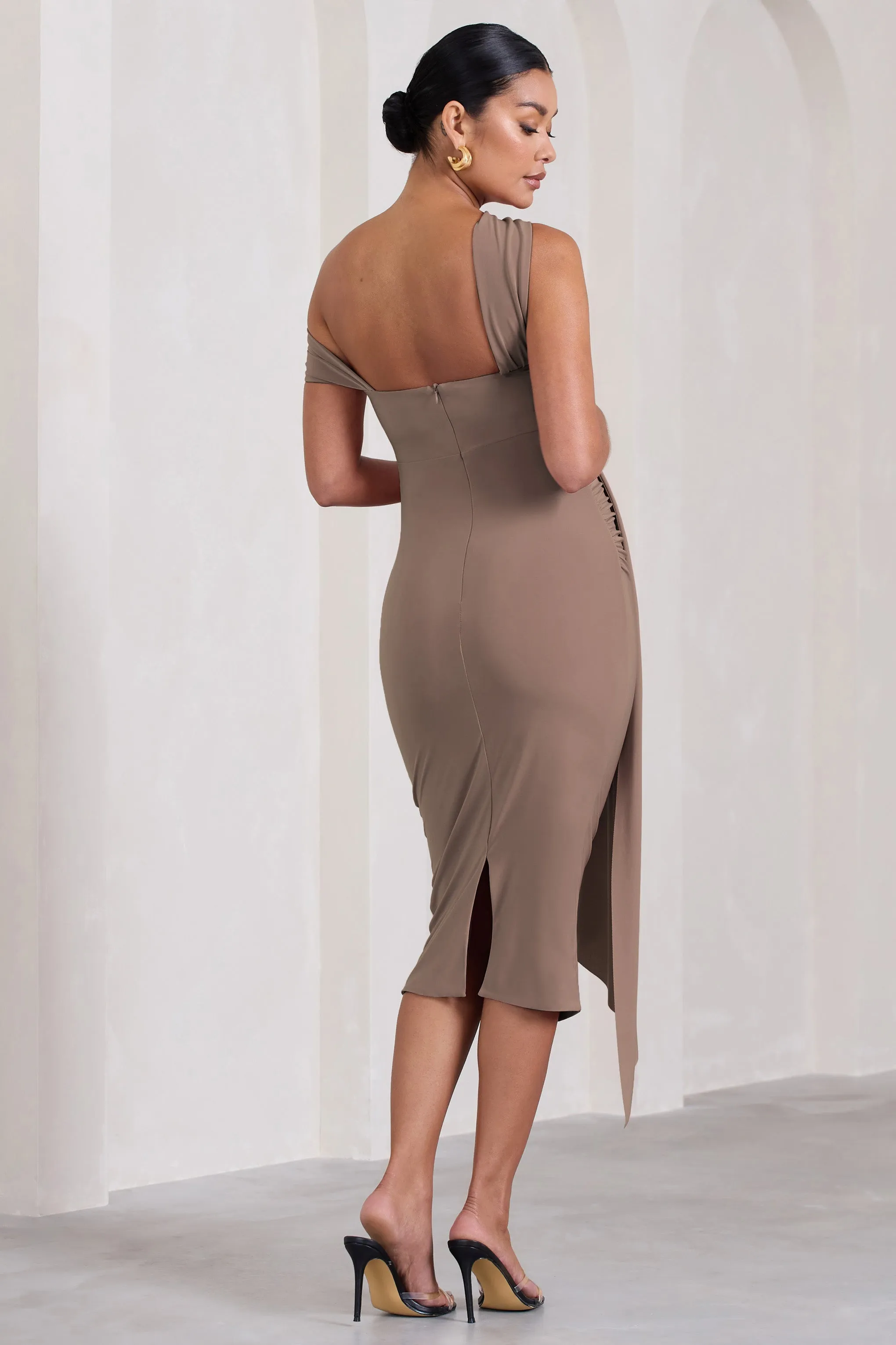 Just Wait | Mocha Asymmetric Strappy Maternity Midi Dress With Drape