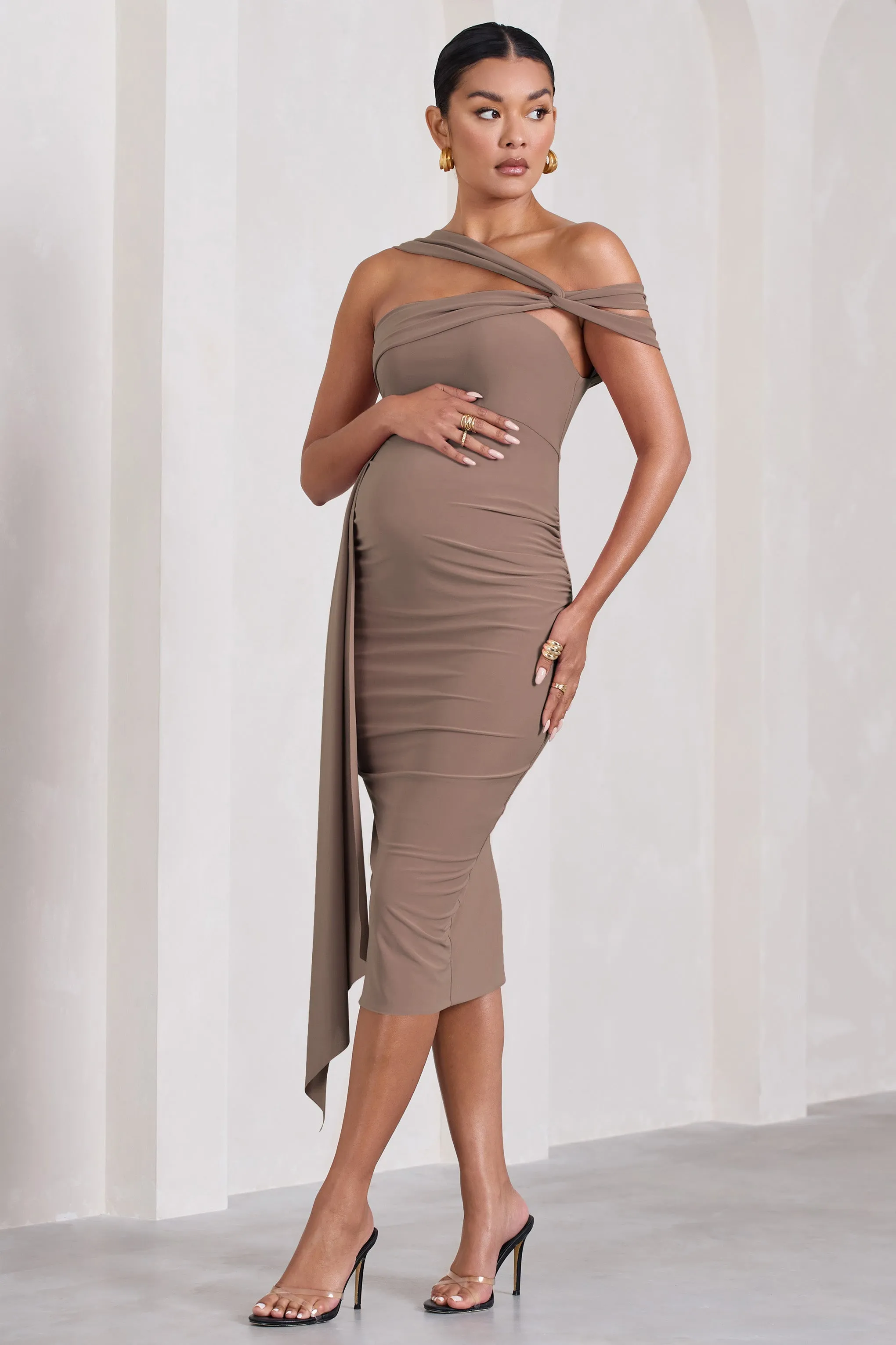 Just Wait | Mocha Asymmetric Strappy Maternity Midi Dress With Drape