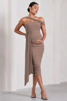 Just Wait | Mocha Asymmetric Strappy Maternity Midi Dress With Drape