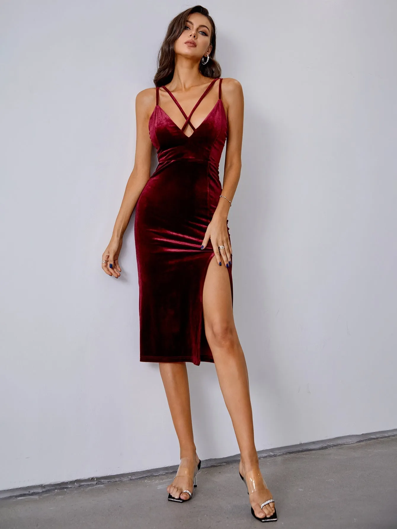 KittenAlarm - Crisscross Zip Back Split Thigh Velvet Dress