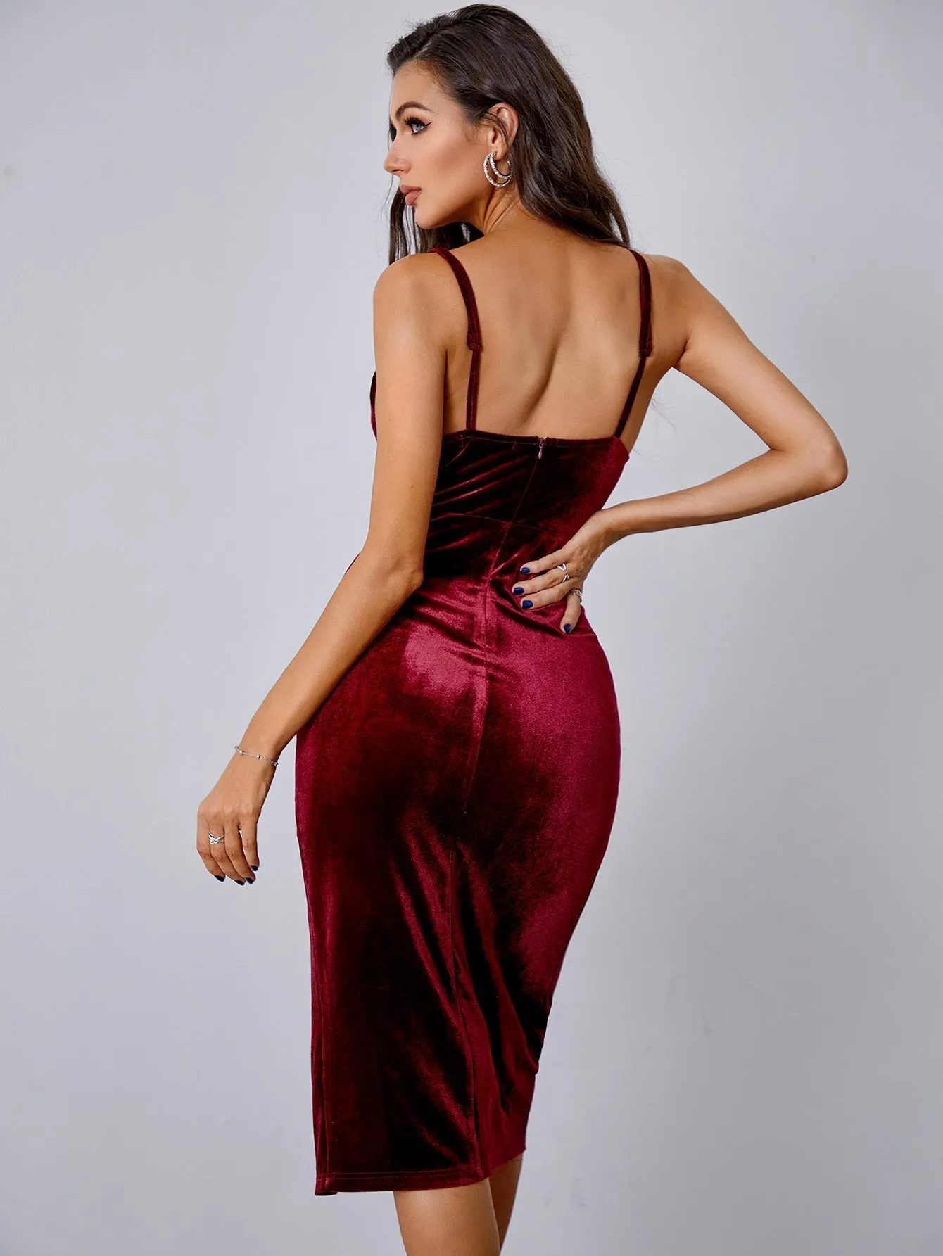 KittenAlarm - Crisscross Zip Back Split Thigh Velvet Dress