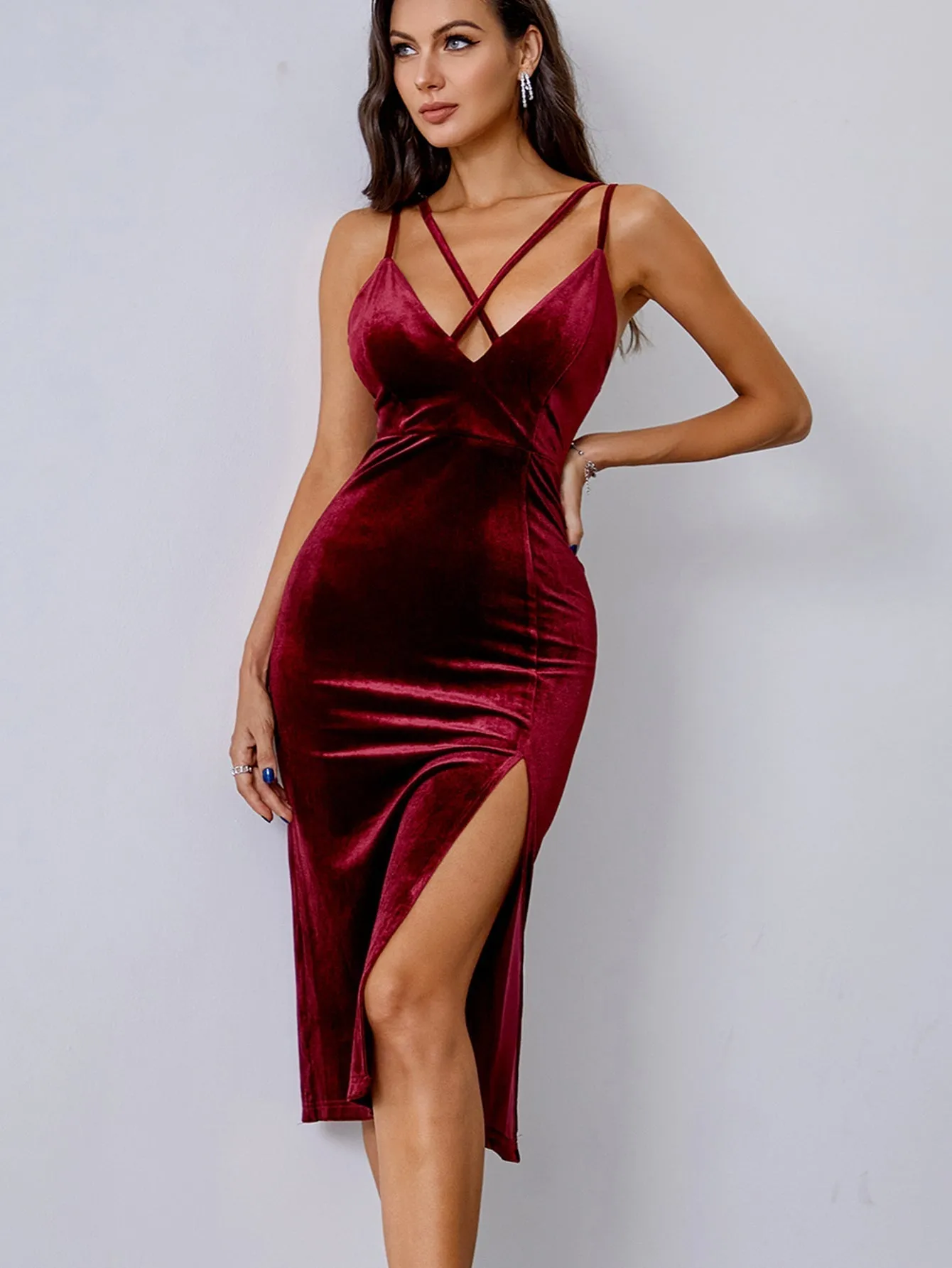 KittenAlarm - Crisscross Zip Back Split Thigh Velvet Dress