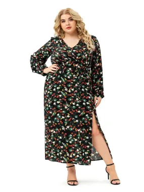 KittenAlarm - Plus size Long Sleeve V neck Slit Printd Dress