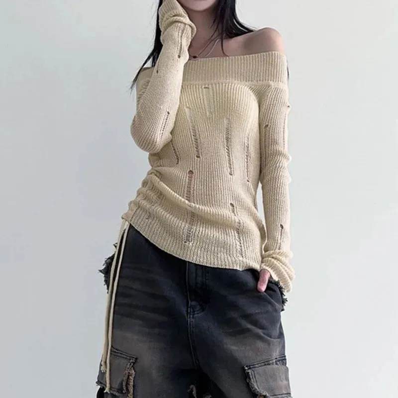 Korean Fashion Hole Ripped Sweater for Women Off Shoulder Knit Slim Grunge Autumn Pullover Top Drawstring Party Retro