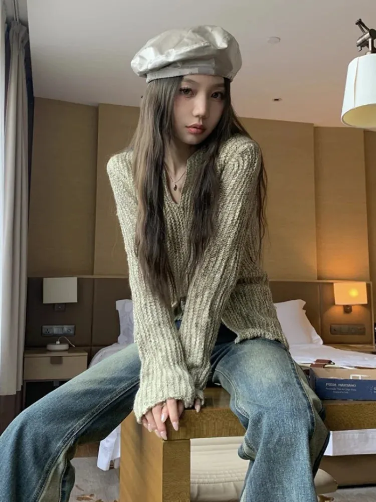 Korean Fashion Slim Women Sweaters Long Sleeve Spring Y2k Aesthetic Sueter Mujer Split All Match Casual Hollow Out Pullover