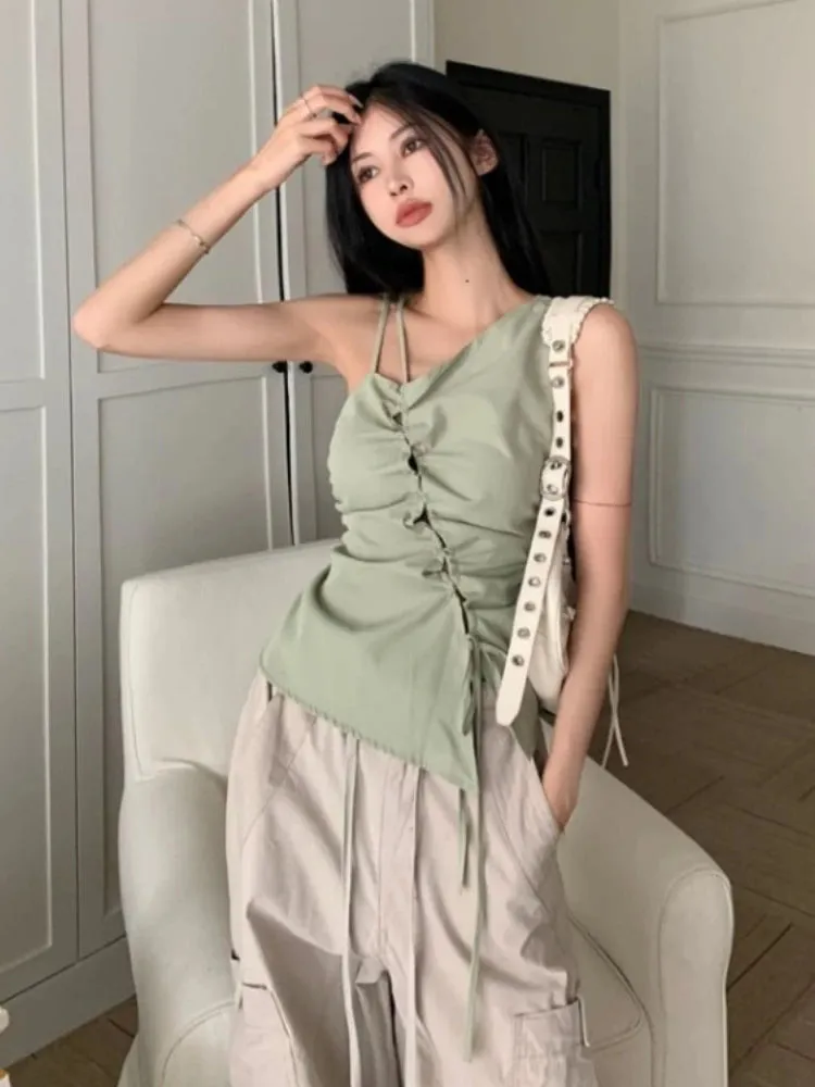 Korean Trendy Solid Bandage Off Shoulder Tanks Hollow Out Y2k Aesthetic Irregular Tank Tops Elegant Fashion Sweet Women Camisole