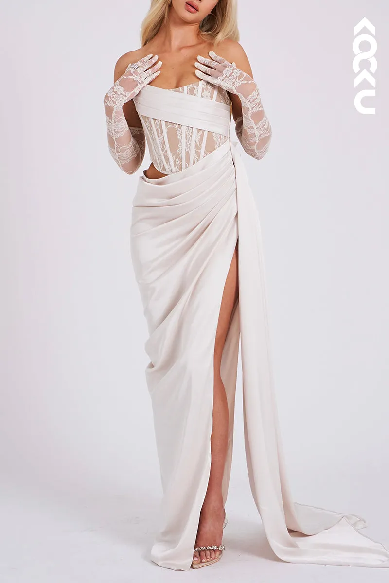 L1915 - Strapless Sleeveless Lace Ruched Satin Sheath Long Evening Party Dress