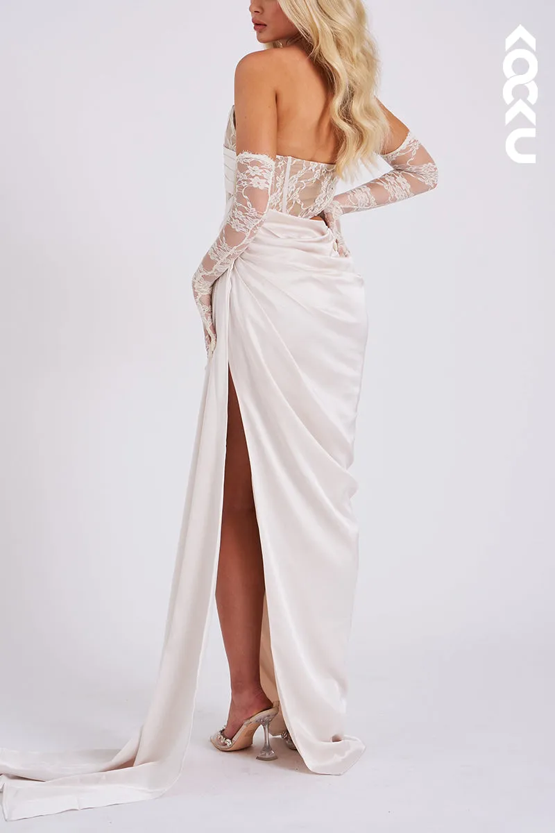 L1915 - Strapless Sleeveless Lace Ruched Satin Sheath Long Evening Party Dress