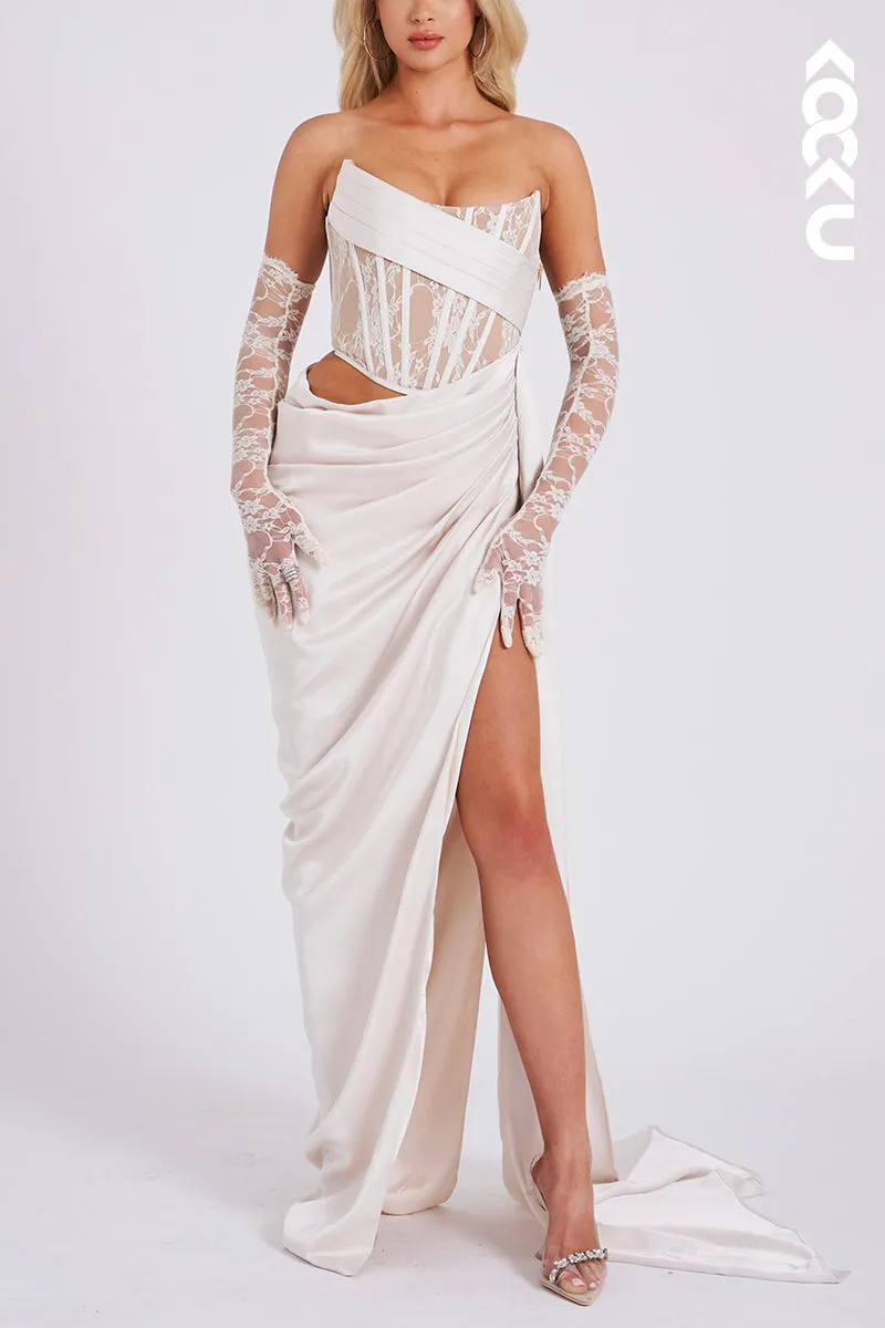 L1915 - Strapless Sleeveless Lace Ruched Satin Sheath Long Evening Party Dress