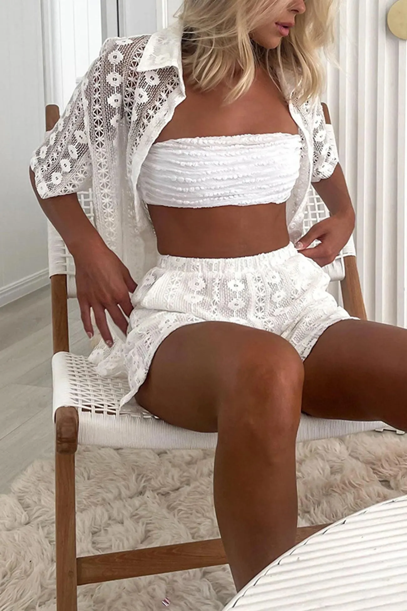 Lace Short Sleeve Cardigan Shorts Set