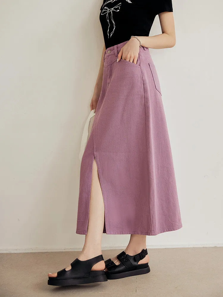 Long Maxi Open Slit Denim Cotton Skirt