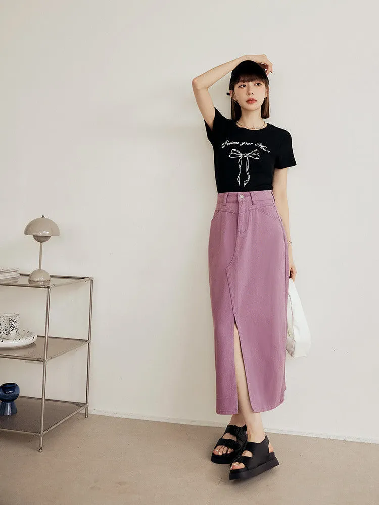 Long Maxi Open Slit Denim Cotton Skirt