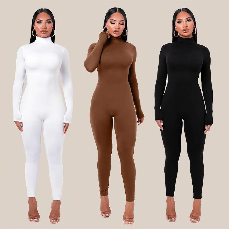 Long Sleeve Solid Turtleneck Skinny Bodycon Jumpsuit Autumn Winter