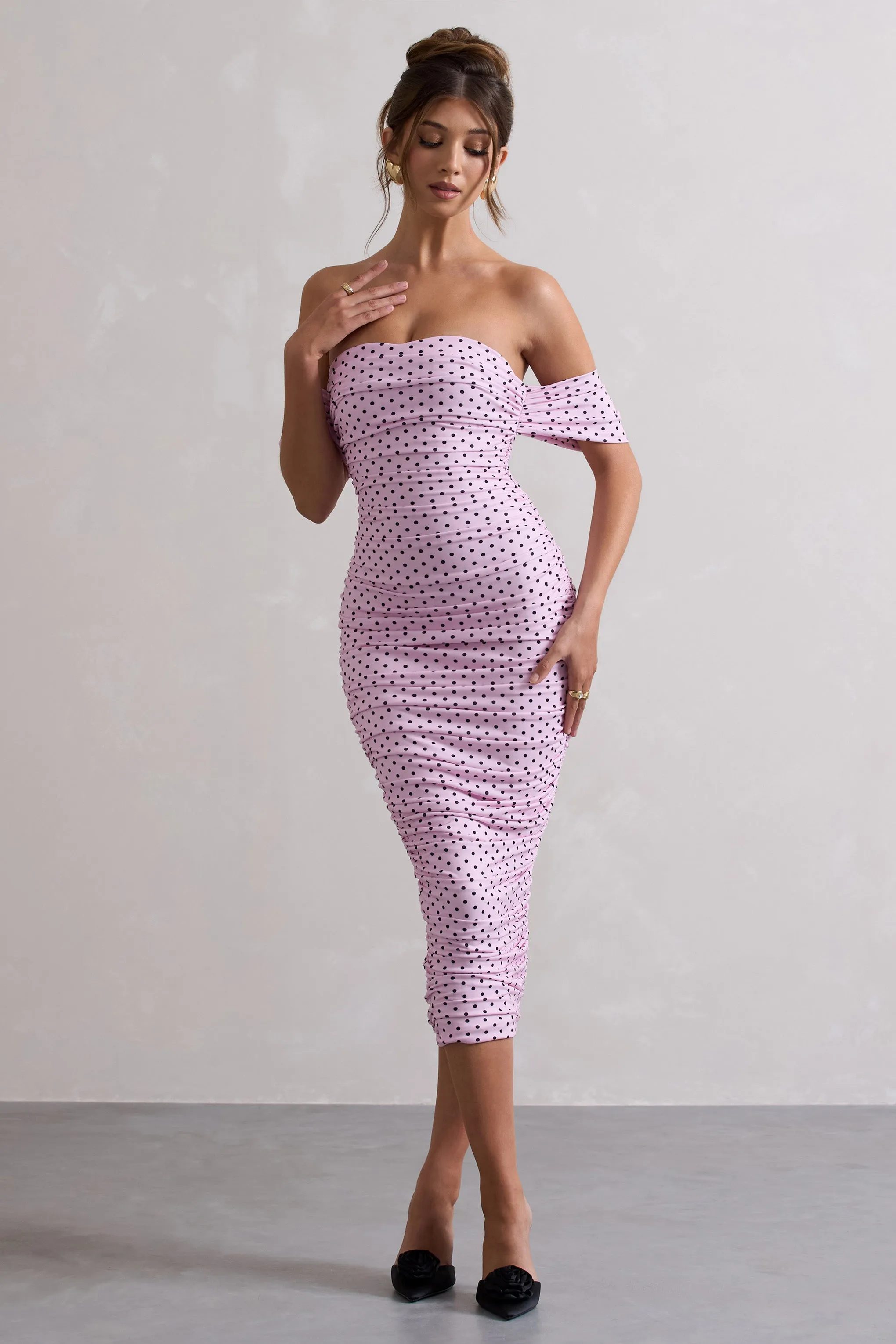 Lost For Words | Pink Polka Dot Bardot Ruched Draped Midi Dress