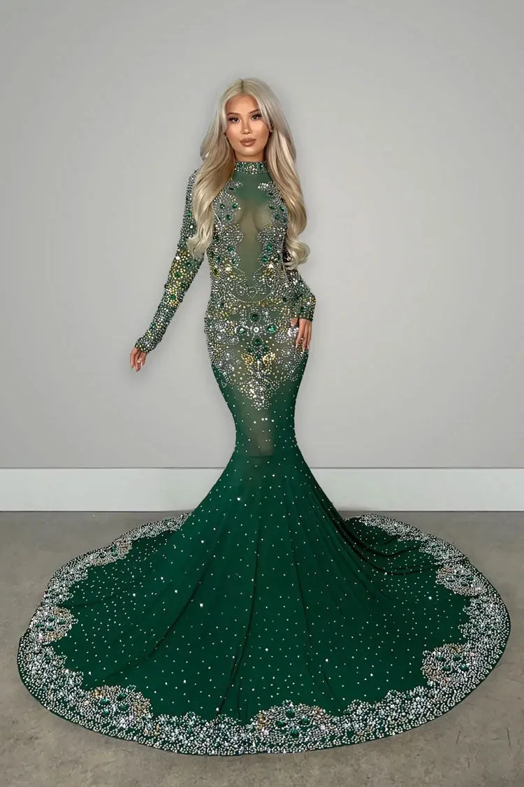 Luxury High Neck Long Sleeve Sheer Mesh Rhinestone Evening Maxi Dress - Green