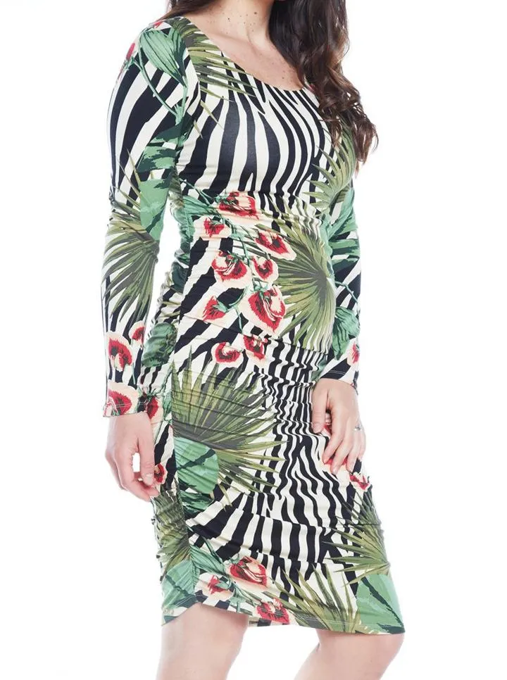 Maternity Bodycon Long Sleeve Print Dress - Green Print