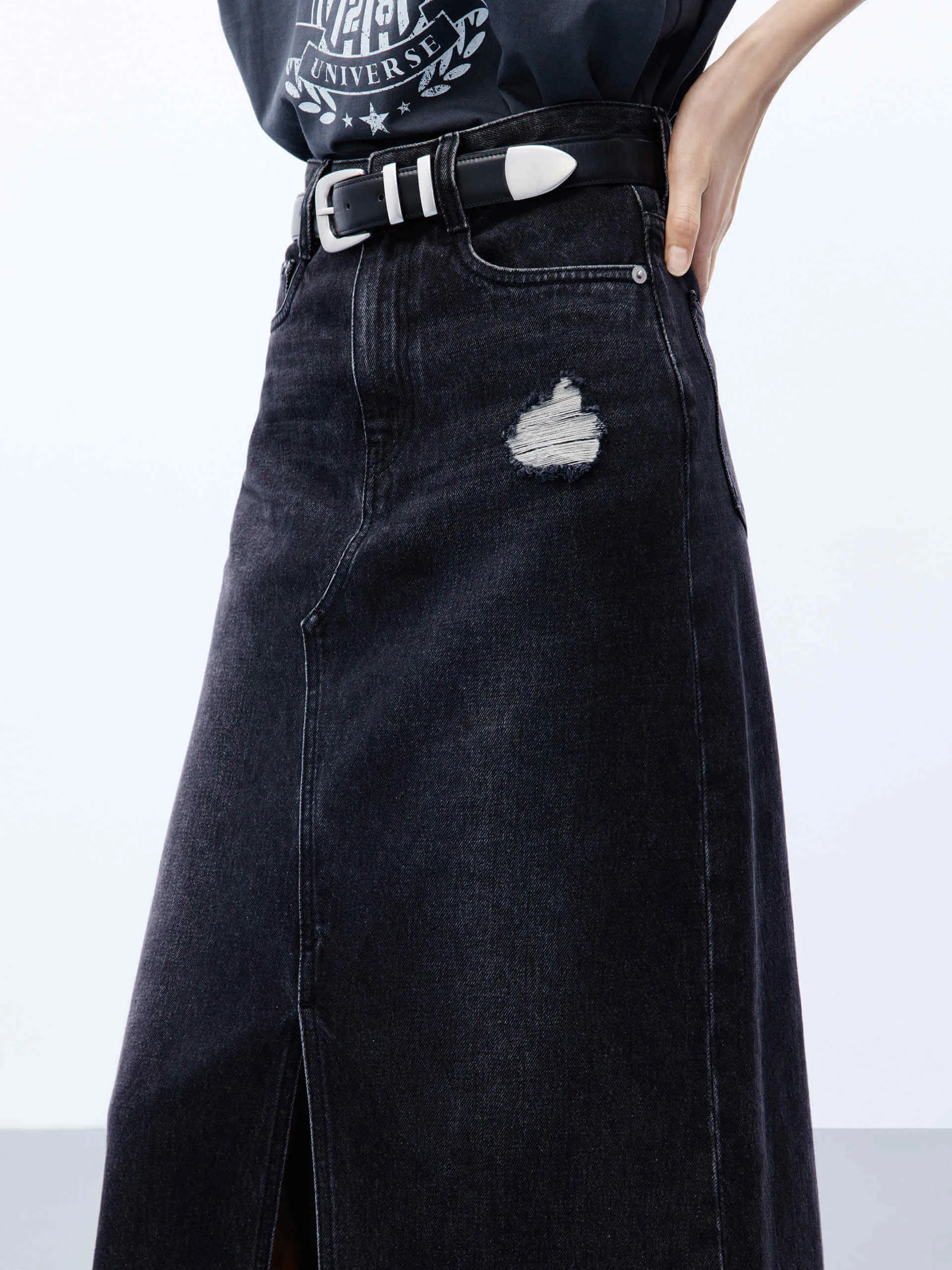 Maxi Raw Hem Denim Skirt