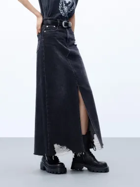 Maxi Raw Hem Denim Skirt