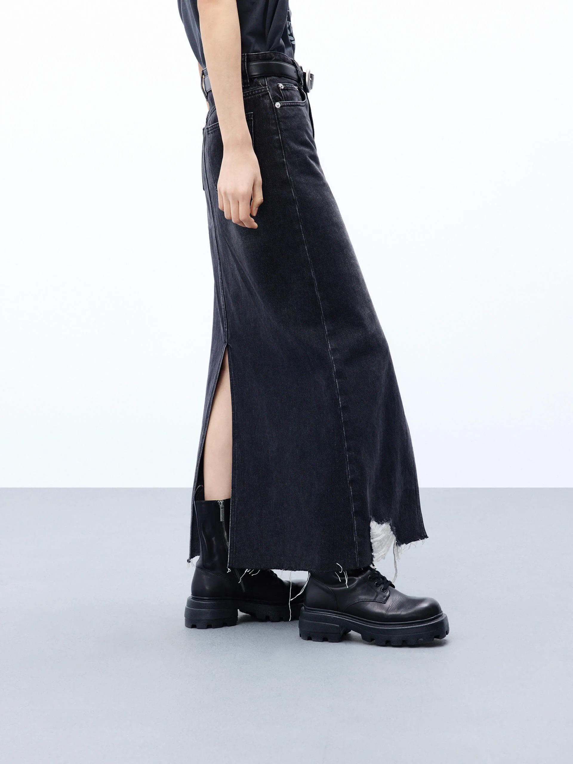 Maxi Raw Hem Denim Skirt