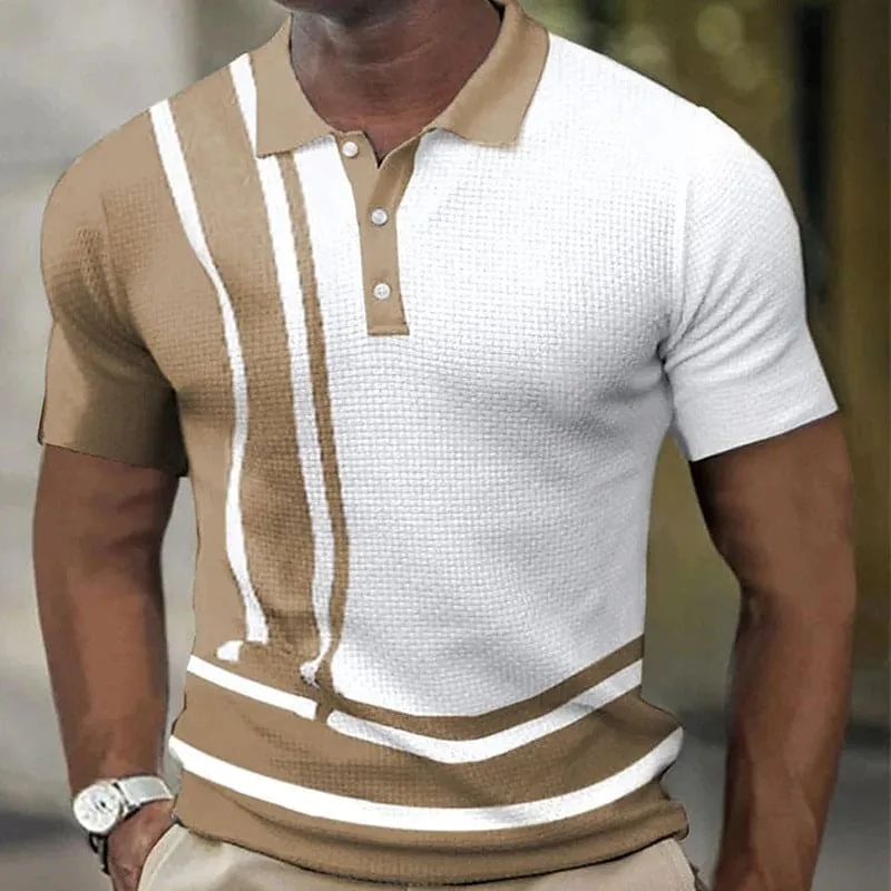 Men Buttoned Lapel Collar Contrast Stripe Print Polo Shirt