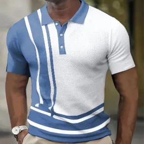 Men Buttoned Lapel Collar Contrast Stripe Print Polo Shirt