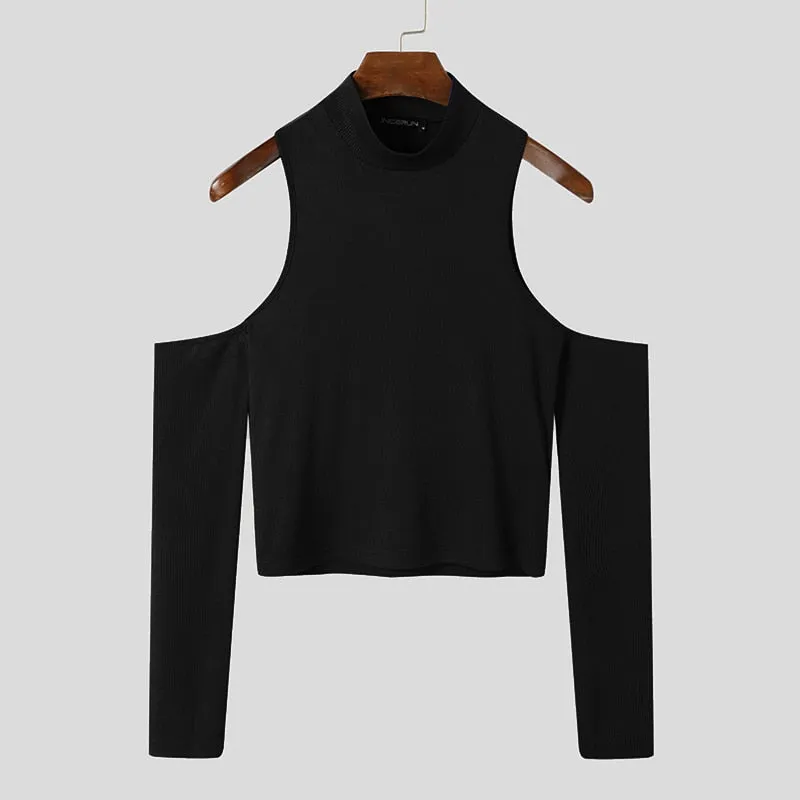 Men T Shirt Solid Color Turtleneck Long Sleeve Off Shoulder Casual Camisetas 2023 Hollow Out Streetwear Sexy Crop Tops