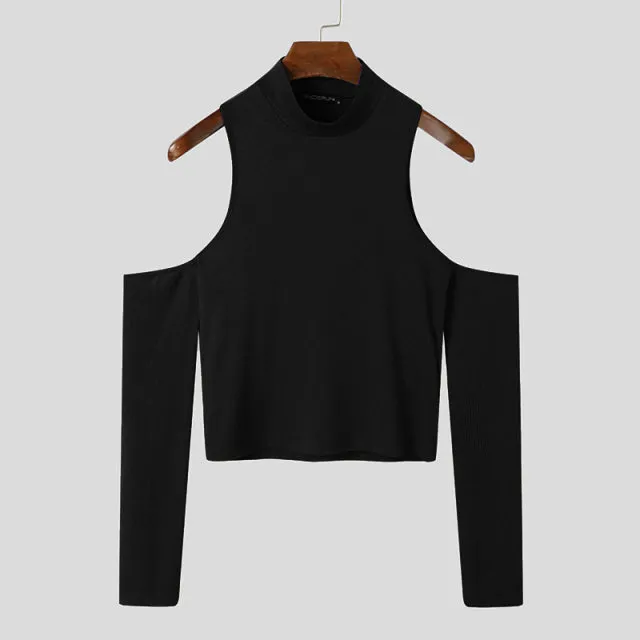 Men T Shirt Solid Color Turtleneck Long Sleeve Off Shoulder Casual Camisetas  Hollow Out Streetwear Sexy Crop Tops