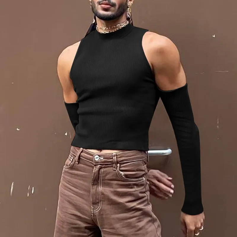 Men T Shirt Solid Color Turtleneck Long Sleeve Off Shoulder Casual Camisetas  Hollow Out Streetwear Sexy Crop Tops