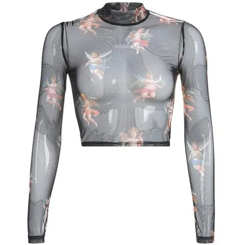 Mesh Cute Crop Top Long Sleeve Angel Print Cute Graphic Tees Sexy Transparent Summer Tops