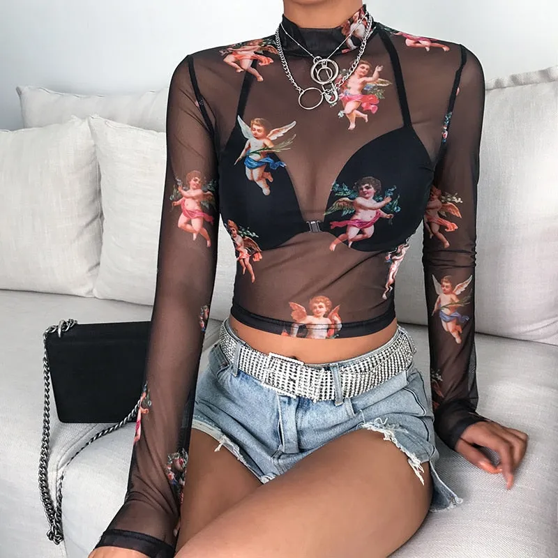 Mesh Cute Crop Top Long Sleeve Angel Print Cute Graphic Tees Sexy Transparent Summer Tops