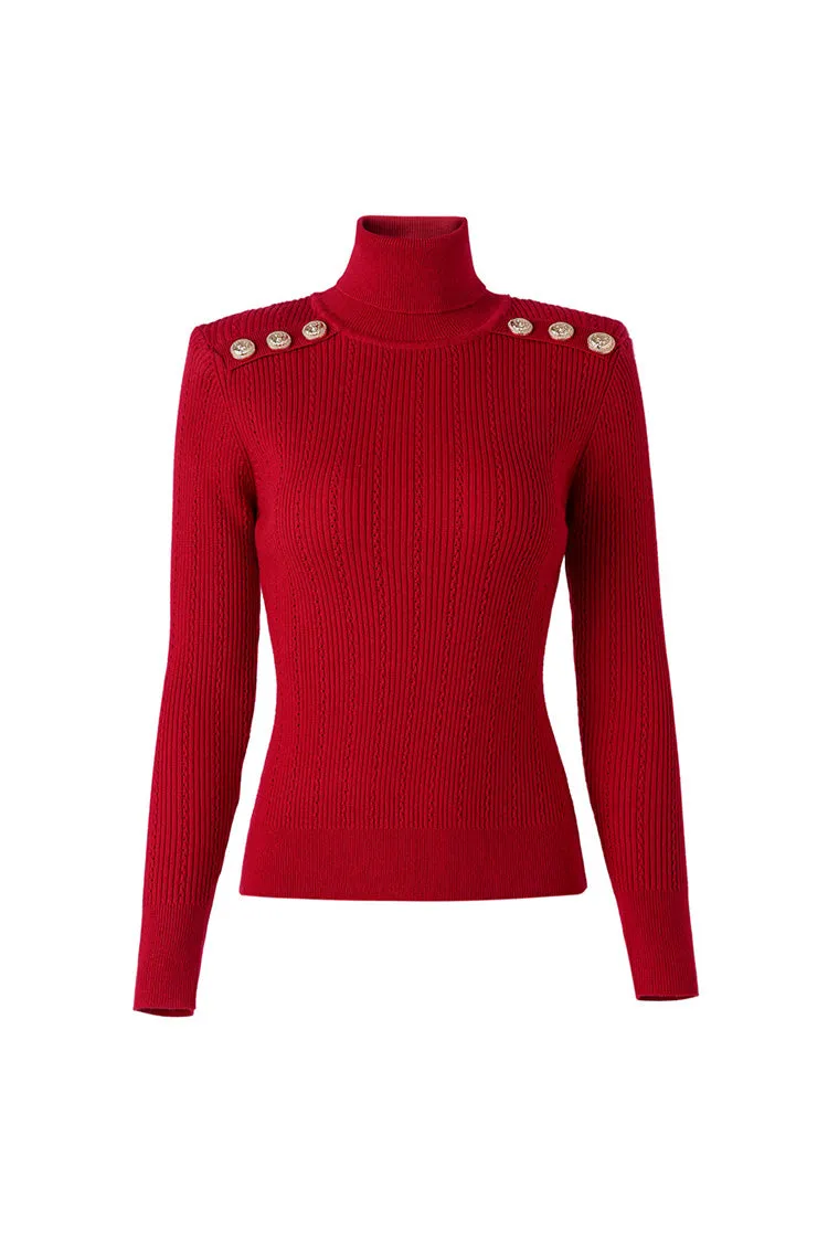 Metallic Button Long Sleeve Wool Blend Turtleneck Ribbed Knit Sweater