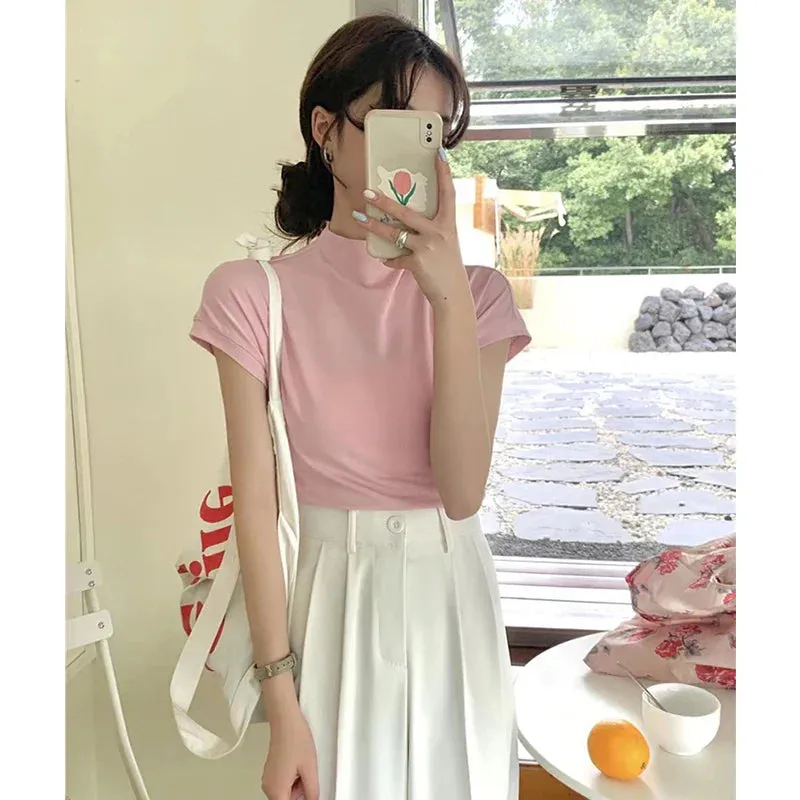 Metaversmall Half Turtleneck Short Sleeve Slim Women T-shirt Solid Color Slim Casual Chic Elegant Basic Female Streetwear Office Lady