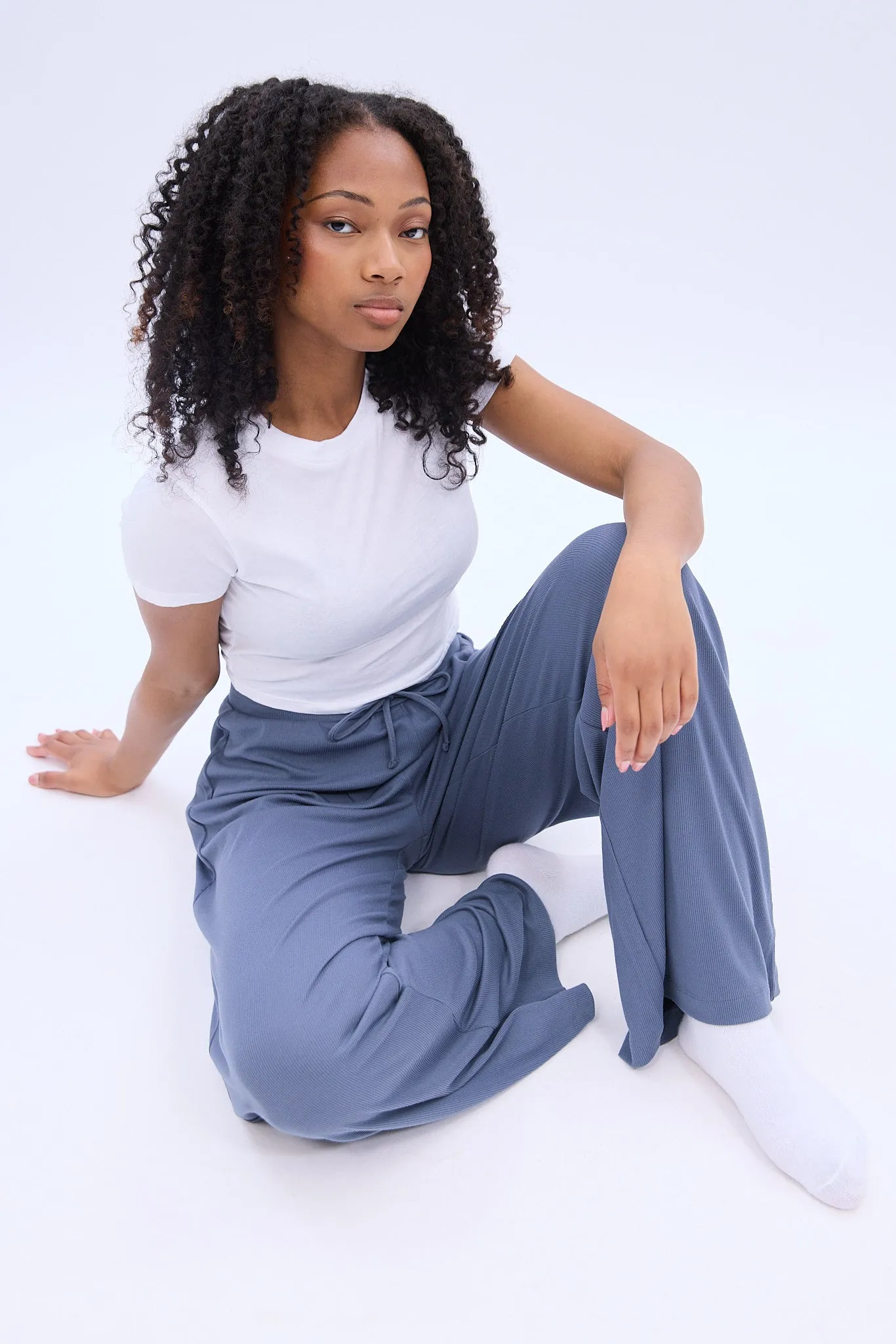 Mid Rise Super Soft Ribbed Wide Leg Pajama Pant