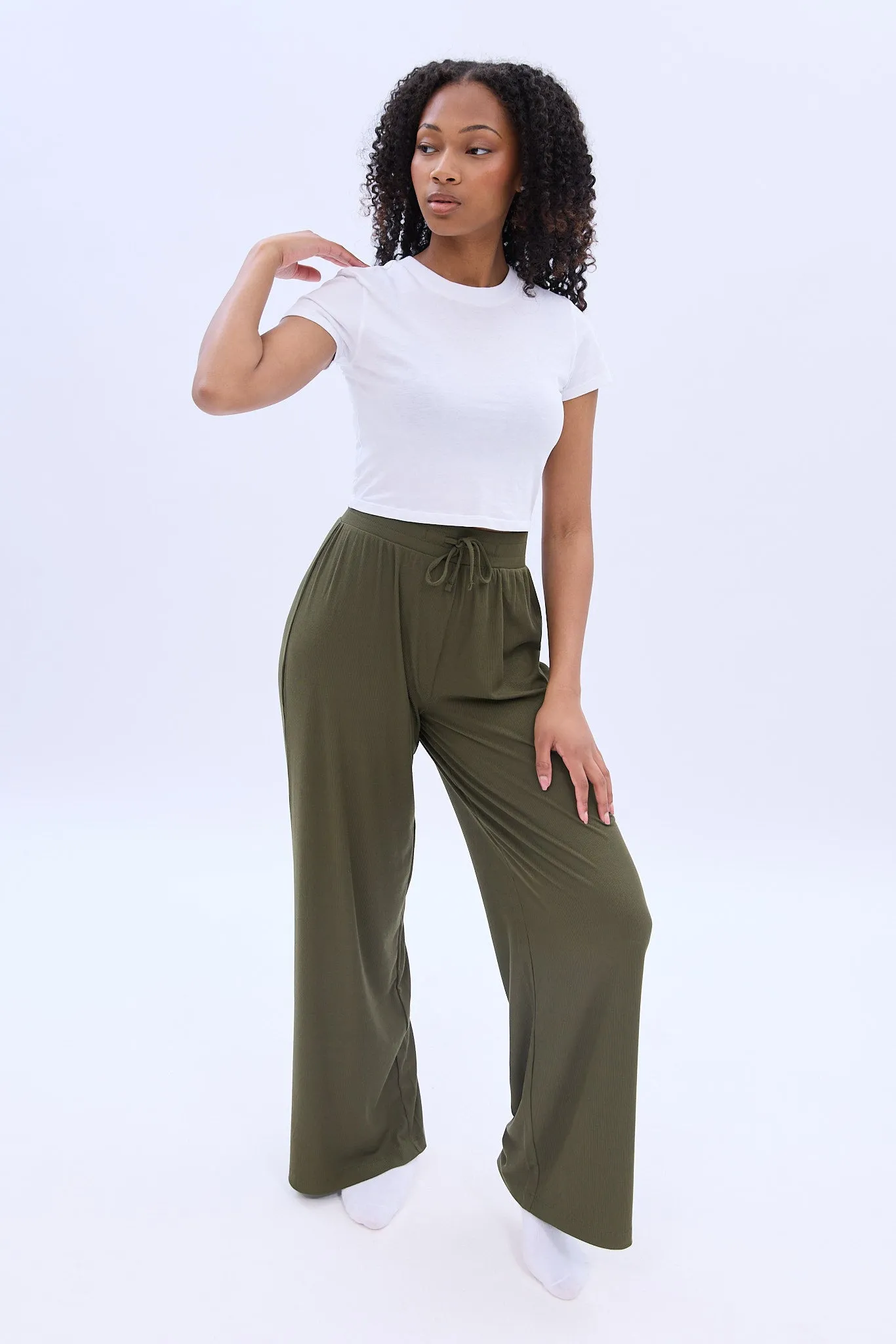 Mid Rise Super Soft Ribbed Wide Leg Pajama Pant