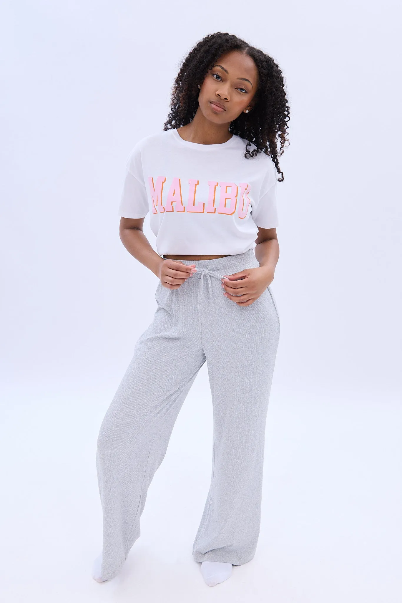 Mid Rise Super Soft Ribbed Wide Leg Pajama Pant